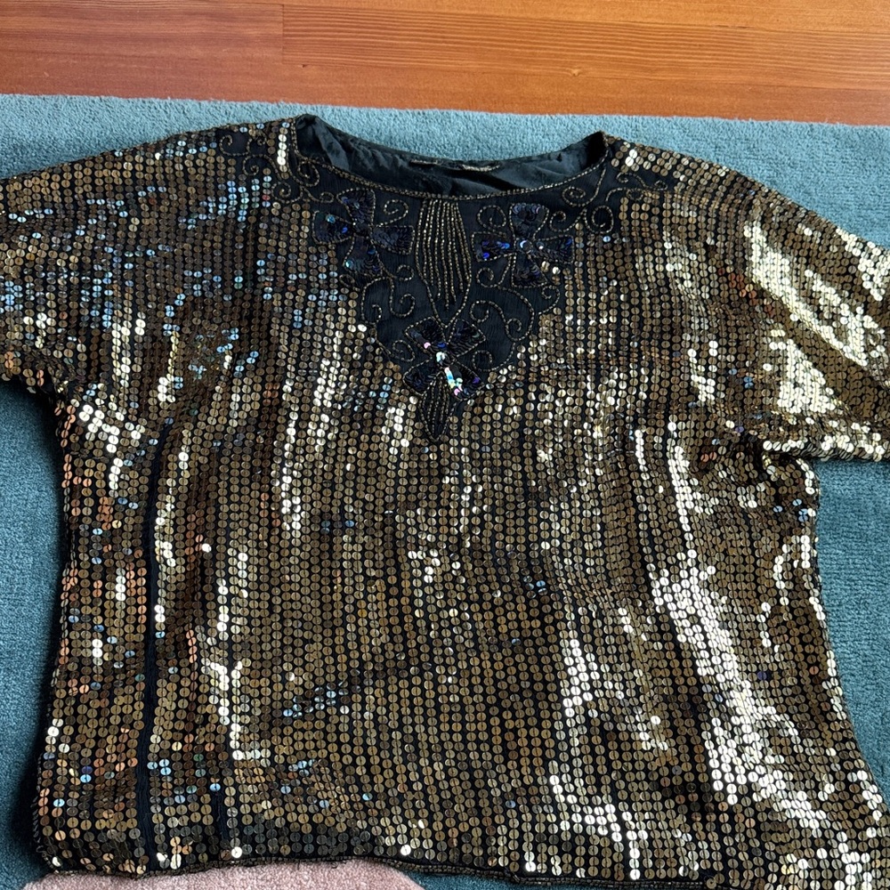 100% Silk, Sequined Vintage Top
